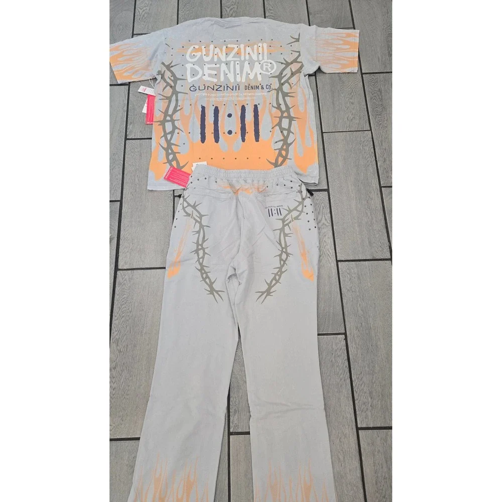 Gunzinii Denim Co Mens Grey Orange Flame Western 11:11 T-Shirt & Pants Set XL